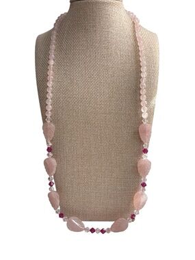 Artisan Rose Quartz Gemstone Leaf Shaped Necklace in Soft Pink 24”